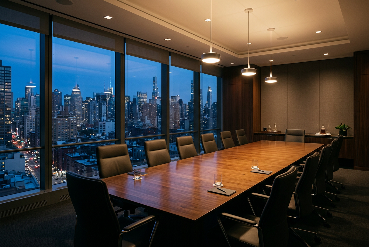 Empty executive boardroom at dusk — why MCG is not a crypto influencer brand